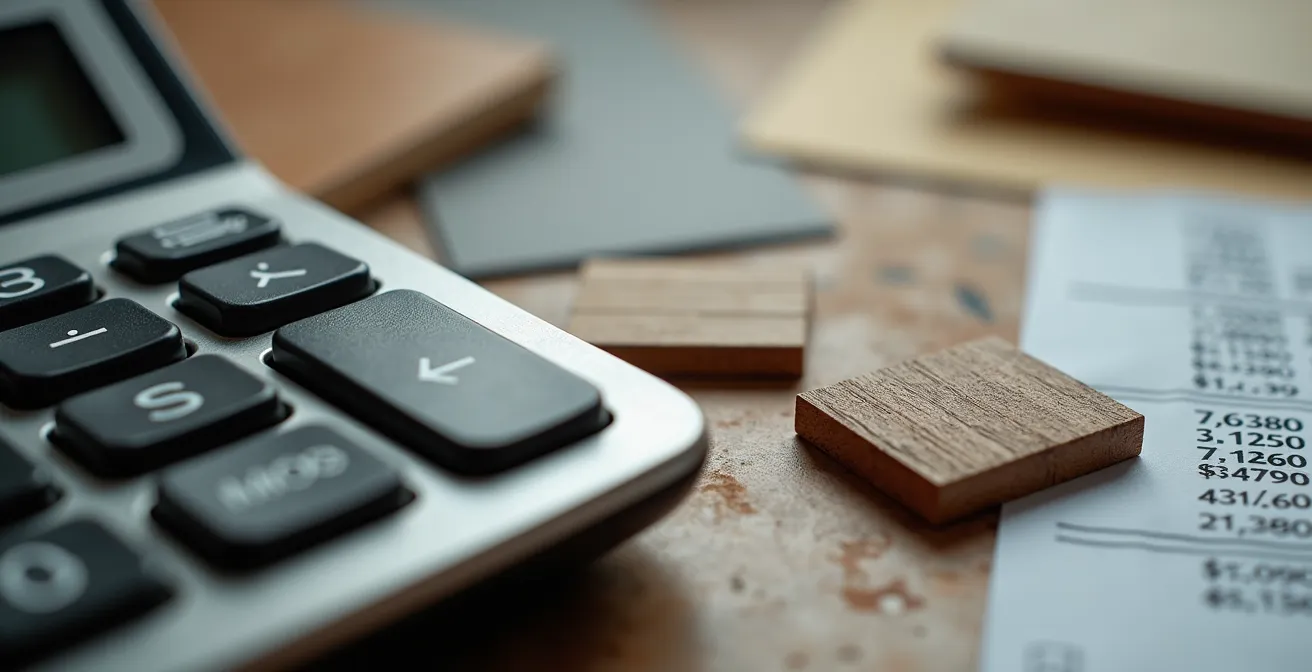 Gros plan sur calculatrice et devis de rénovation avec textures de matériaux