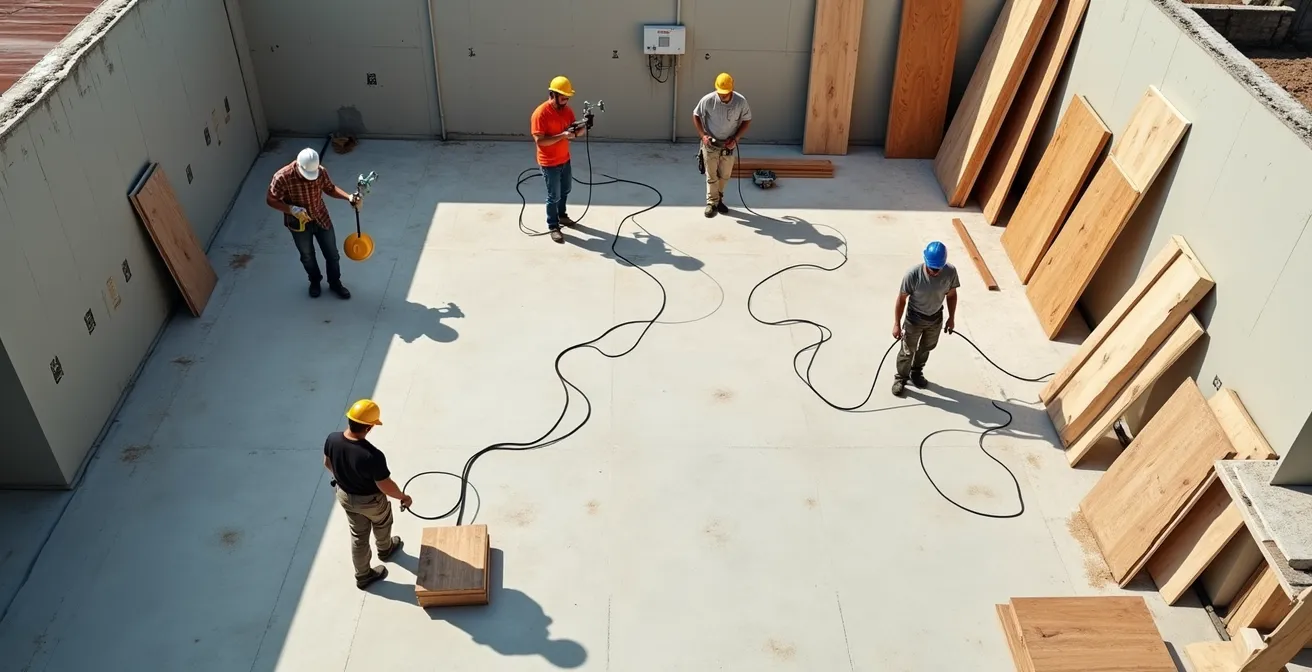 Vue aérienne d'un chantier de rénovation avec différents corps de métier