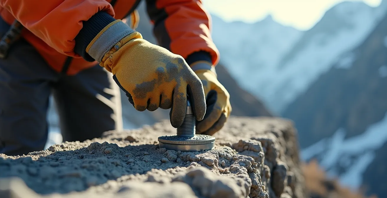 Vue détaillée de fondations spéciales anti-avalanche avec ancrages rocheux