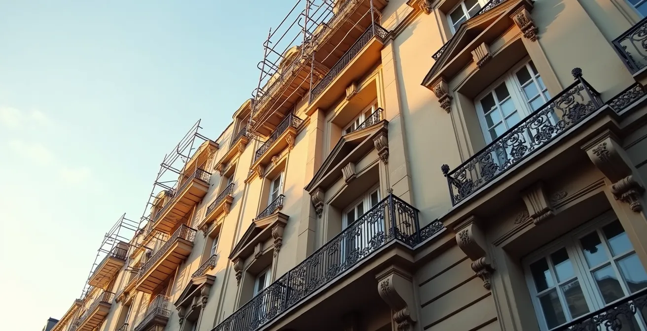 Façade haussmannienne avec échafaudages et détails architecturaux préservés