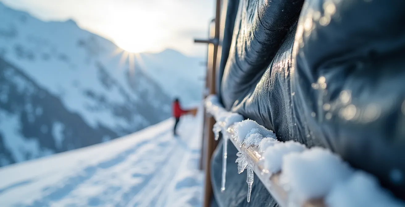 Bâches de protection et échafaudages couverts de neige sur un chantier de construction arrêté pour l'hiver