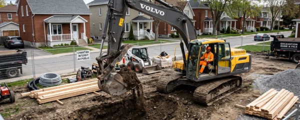 Excavatrice hydraulique creusant des tranchées de fondation sur un chantier résidentiel au Québec, avec opérateur professionnel et équipements de construction visibles