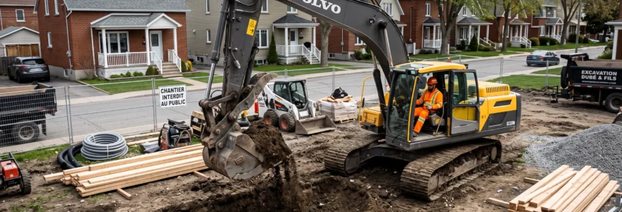 Excavatrice hydraulique creusant des tranchées de fondation sur un chantier résidentiel au Québec, avec opérateur professionnel et équipements de construction visibles