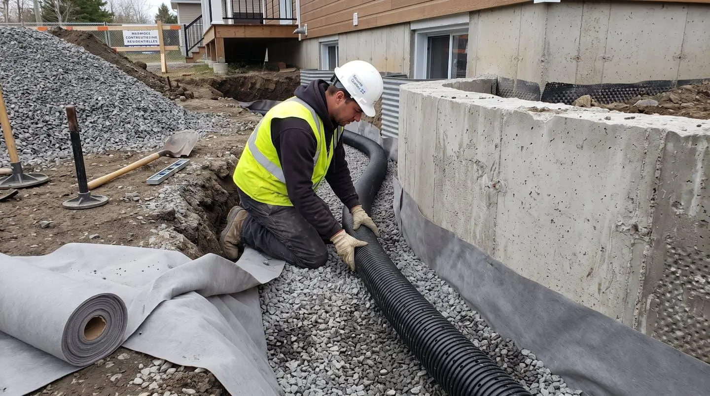 Installation professionnelle d'un drain français avec tuyau perforé et gravier autour d'une fondation résidentielle