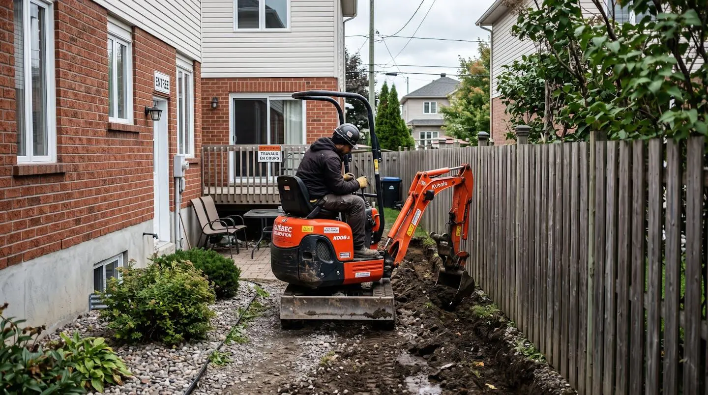 Mini-excavatrice compacte travaillant dans une cour arrière résidentielle clôturée, démontrant l'accès possible aux espaces restreints